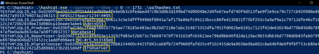 powershell window cracking sql login passwords and listing them 