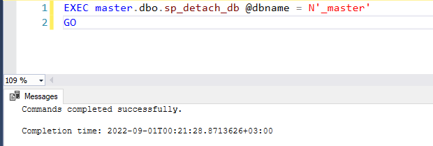 Running in SSMS:
EXEC master.dbo.sp_detach_db @dbname = N'_master'
GO
Commands completed successfully.
