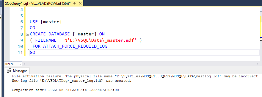 In SSMS:
USE [master]
GO
CREATE DATABASE [_master] ON 
(FILENAME = N'E:\VSQL\Data\_master.mdf')
 FOR ATTACH_FORCE_REBUILD_LOG
GO

Transaction log successfully recreated in default t-log location of my instance.