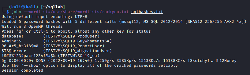 In Linux, cracking sql login passwords by running john --wordlist=/usr/share/wordlists/rockyou.txt sqlhashes.txt