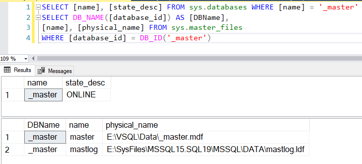 Checking database state and file locations after mastlog.ldf location change