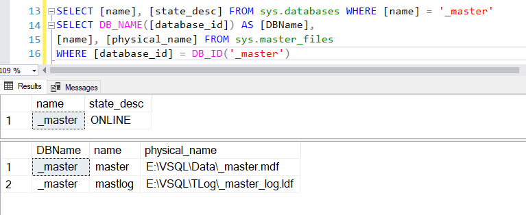 Checking _master database status and file locations by querying sys.databases and sys.master_files