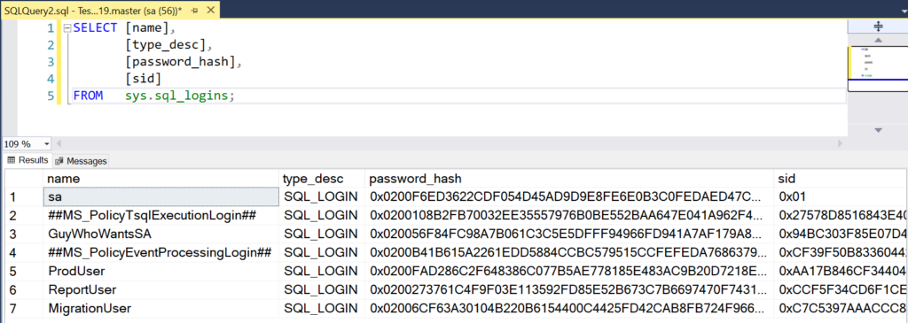 Screenshot of SSMS showing a result of the query from sys.sql_logins