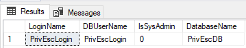 SSMS query result:
LoginName	DBUserName	
PrivEscLogin	PrivEscLogin

IsSysAdmin	DatabaseName
	0	         PrivEscDB


SEO: getting sysadmin via trustworthy database