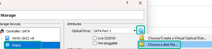 Window:
WinSrv2k22 - Settings
Section: Storage
Storage Devices
Controller: SATA
WinSrv2k22.vdi
Empty (disk drive selected in the screenshot)
Attributes:
Optical Drive:
SATA Port 1
Clicked on the disk drive icon next to the, menu expands to show the second option "Choose a disk file" selected