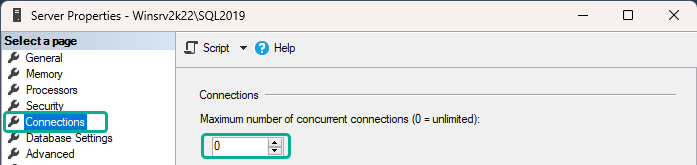 Window title:
Server Properties - Winsrv2k22\SQL2019
Section:
Connections
Contents:
Connections
Maximum number of concurrent connections (0 = unlimited).
Textbox:
0


SEO
SQL Server connection error 64 233