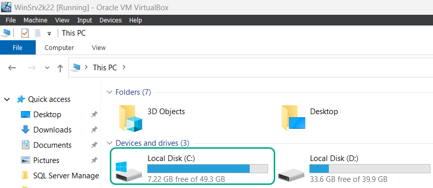 File Explorer opened in the WinSrv2k22 VM showing the C drive at 7.22GB free out of 49.3GB