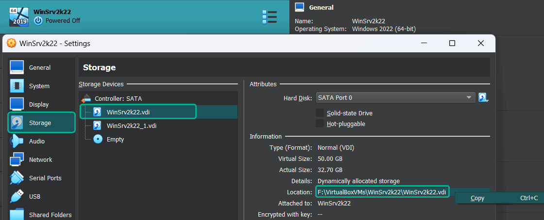 Window name: WinSrv2k22 - Settings
Selected section in the left hand side: Settings