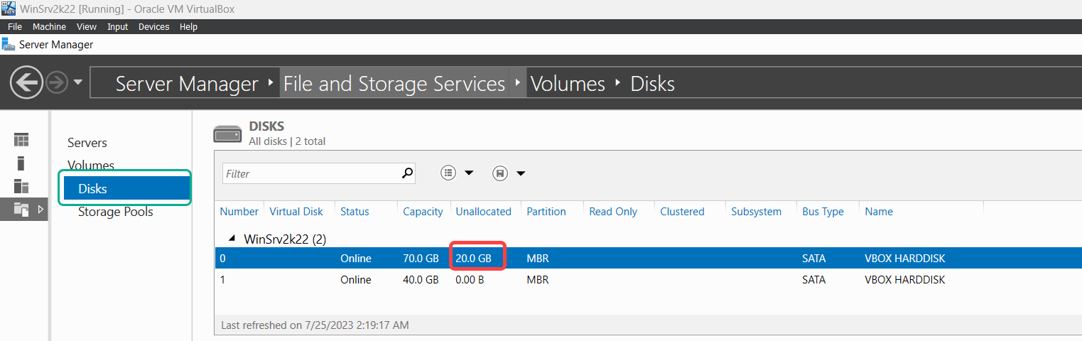 Disk 0 with 20GB unallocated
