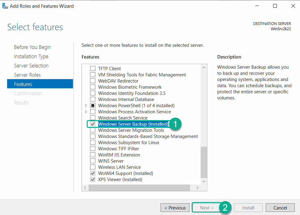 Features > Windows Server Backup