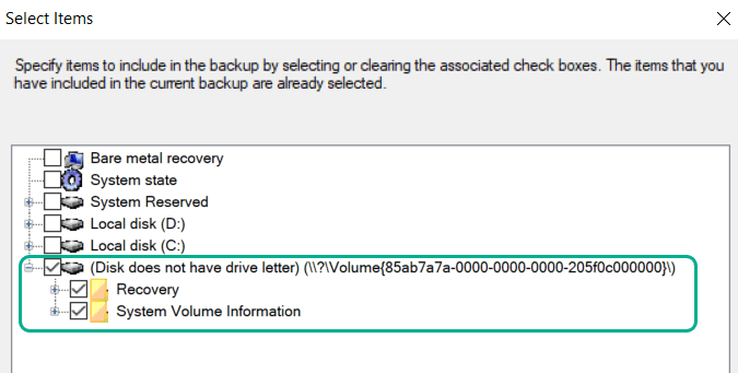 Select items > Recovery, System Volume Information