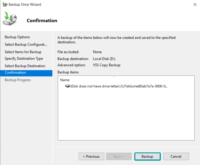 Confirmation > Backup