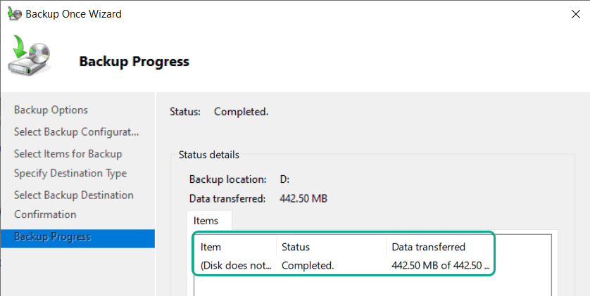 Backup progress > status cmpleted