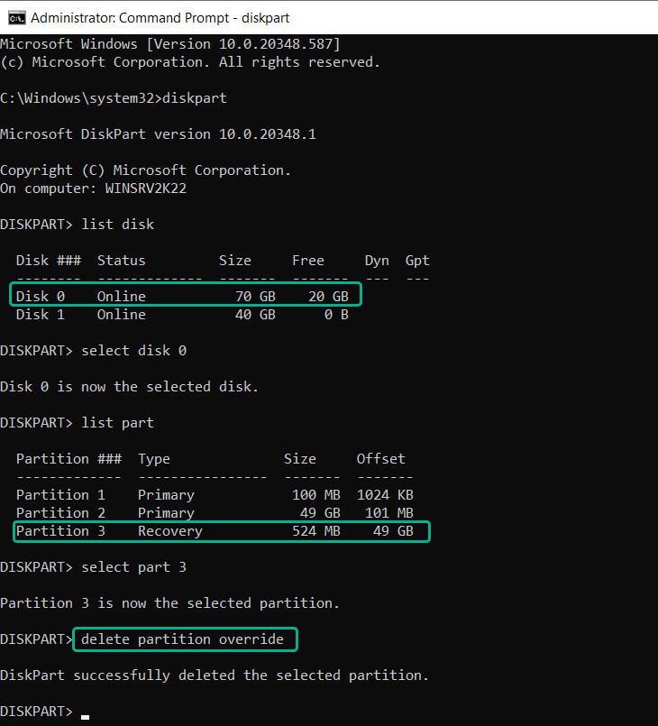 Command Prompt window showing the process of the partition deletion through diskpart