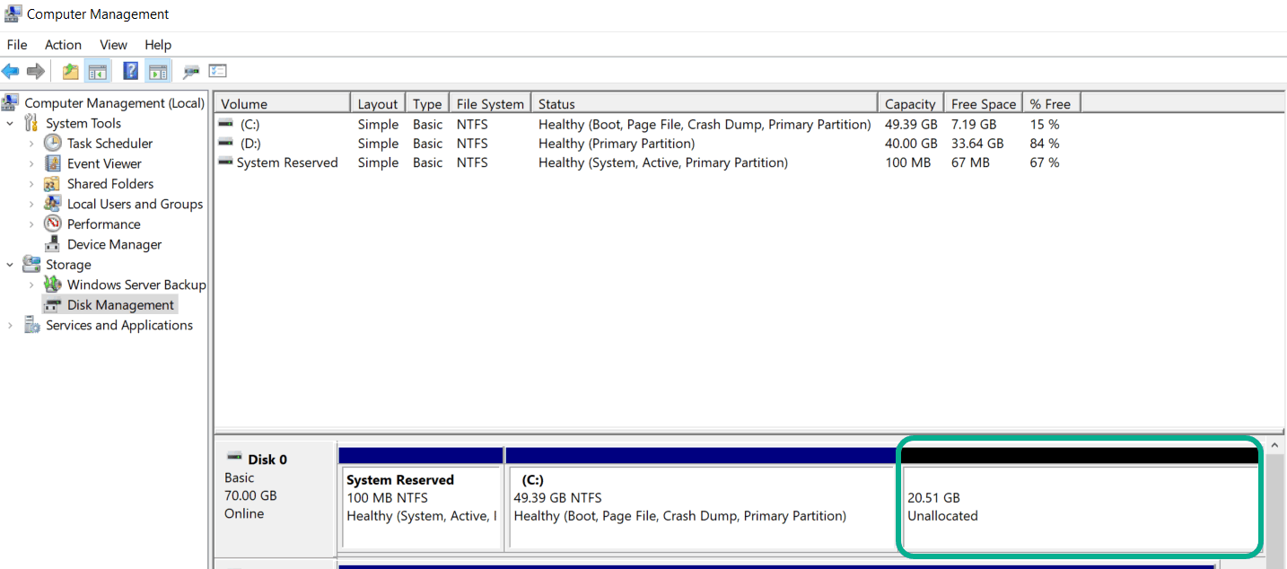 Disk Management showing now an unallocated portion of 20.51GB at the end of Disk 0

Extend C drive VirtualBox