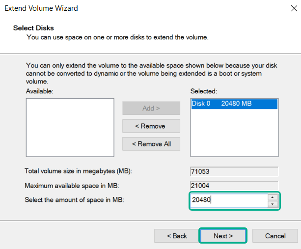 Extend Volume Wizard showing the extend process.

Extend C drive VirtualBox