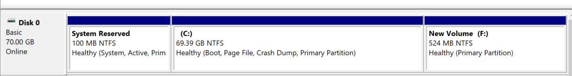 Disk 0 now with the new volume 524MB partition that will become the system partition