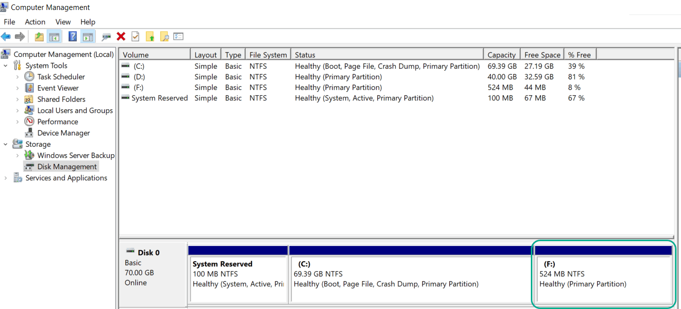 Disk Management showing the 524MB partition at the end of Disk 0 with 8% free space

Extend C drive VirtualBox