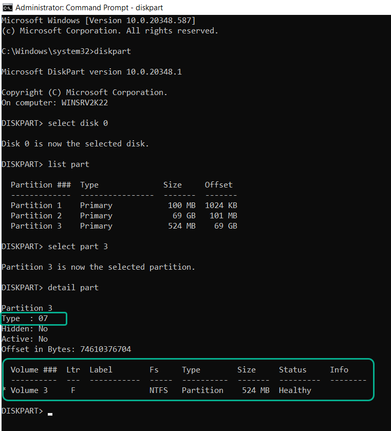 Command Prompt window showing partition details in diskpart for the 524MB partition