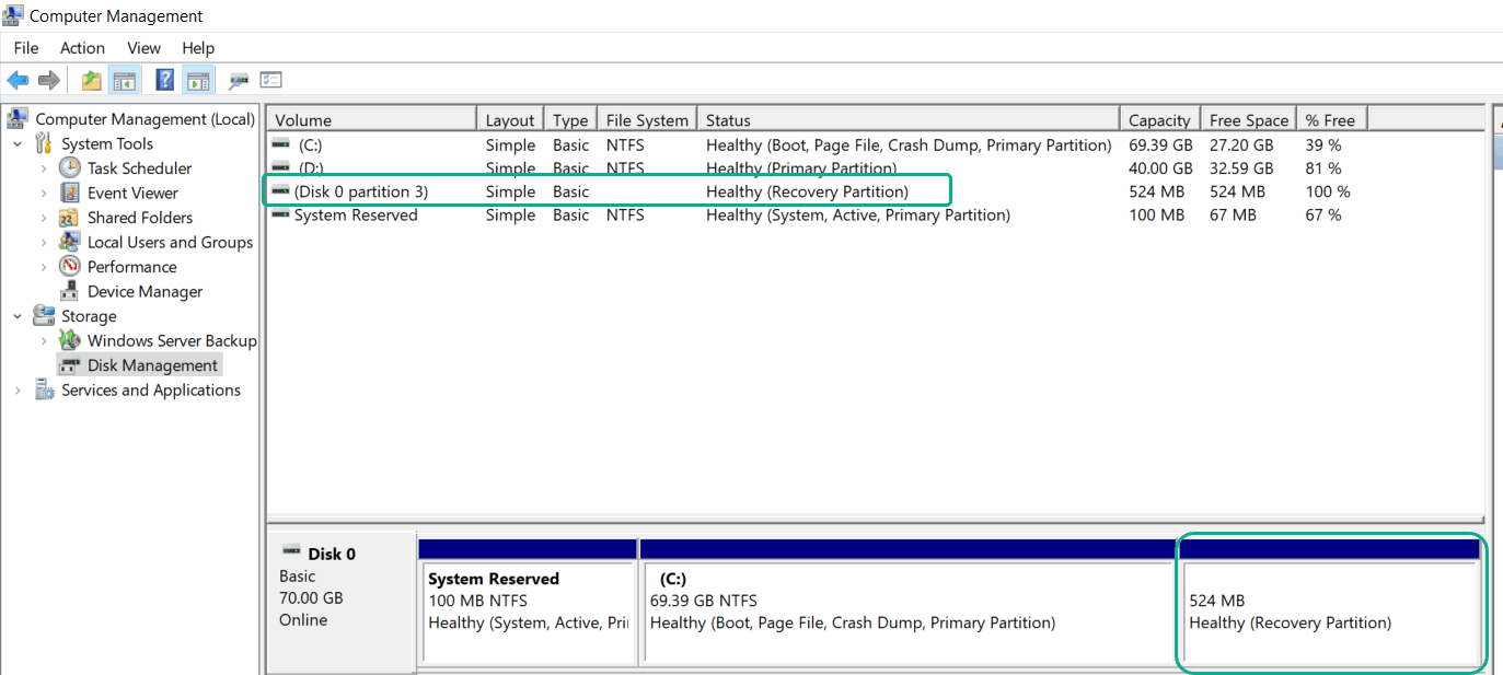 Disk Management showing disk 0 partition 3 as a recovery partition
Extend C drive VirtualBox