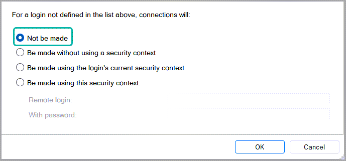 For a login not defined in the list above, connections will: Not be made Securing SQL Server linked servers