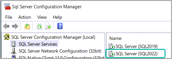 SQL Server Configuration Manager showing the service name of the instance Get sysadmin access to SQL Server