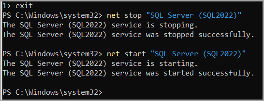 PowerShell window showing the output of the above commands get sysadmin access sql server reset sa password sql server