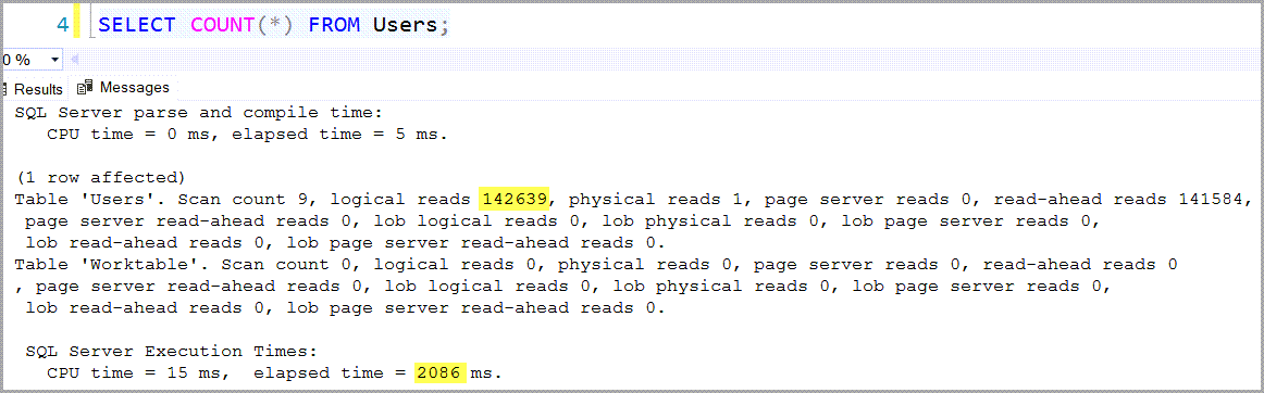 SSMS results Messages showing the statistics IO and Time output for this query.