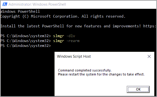 powershell window showing slmgr -rearm executing successfully extend trial windows server 2022