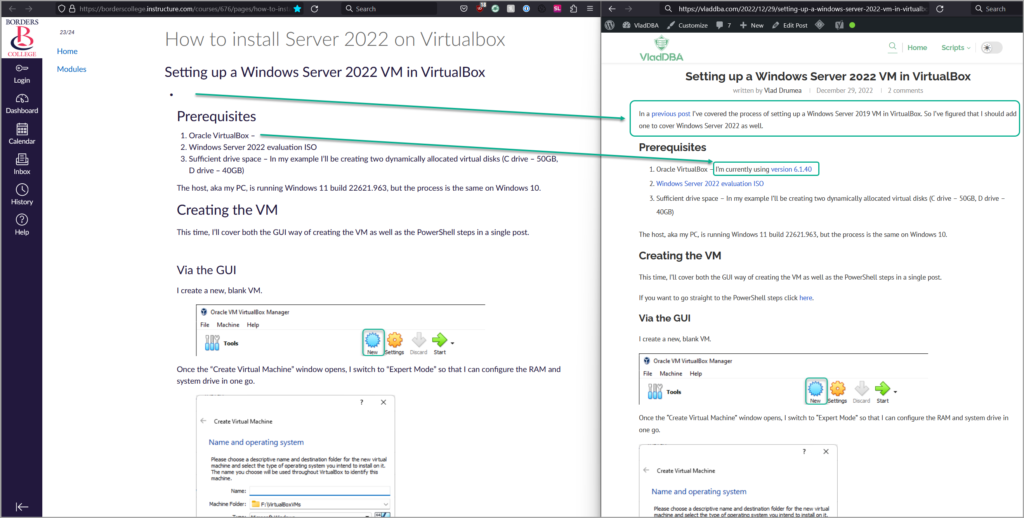 FireFox in split screen mode On the left: Border College's "how to install Server 2022 on VirtualBox" page On the right: my blog post on Setting up a Windows Server 2022 VM in VirtualBox