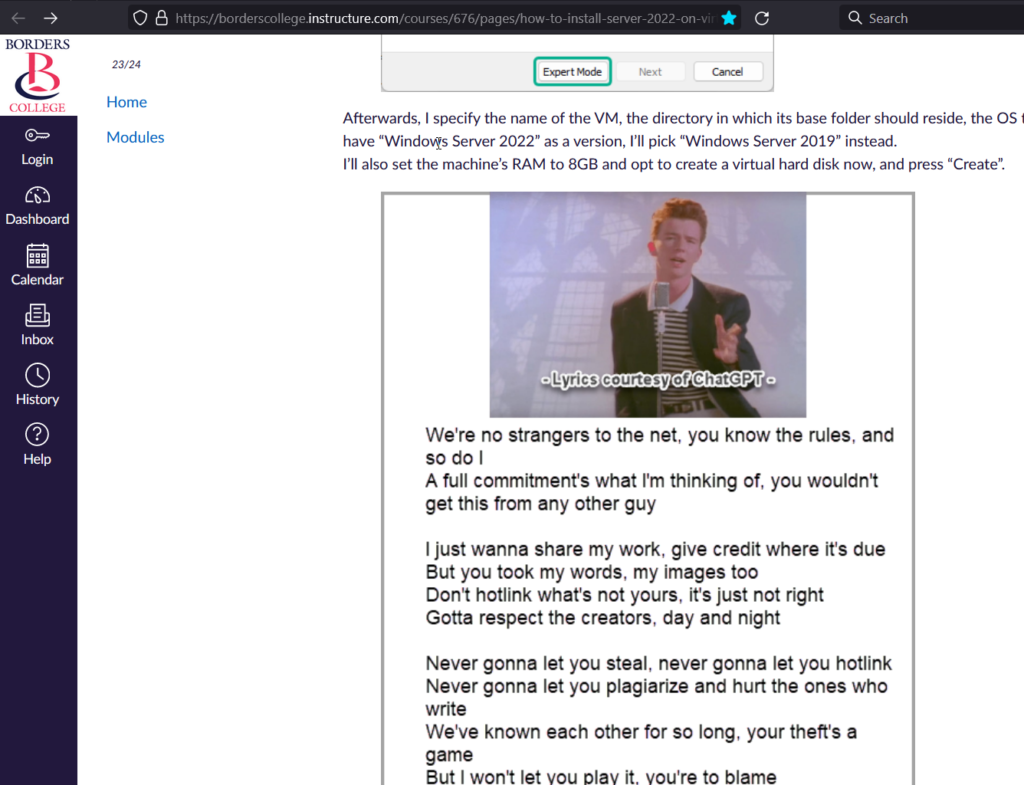 Screenshot showing the same Rick Astley image being embedded in Borders College's course containing my content plagiarism hotlinking images