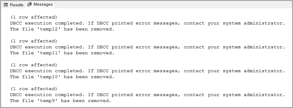  (1 row affected) DBCC execution completed. If DBCC printed error messages, contact your system administrator. The file 'temp12' has been removed. (1 row affected) DBCC execution completed. If DBCC printed error messages, contact your system administrator. The file 'temp11' has been removed. (1 row affected) DBCC execution completed. If DBCC printed error messages, contact your system administrator. The file 'temp10' has been removed. (1 row affected) DBCC execution completed. If DBCC printed error messages, contact your system administrator. The file 'temp9' has been removed. delete extra tempdb data files Msg 5042, Level 16, State 1 The file cannot be removed because it is not empty Vlad Drumea VladDBA SQL Server DBA
