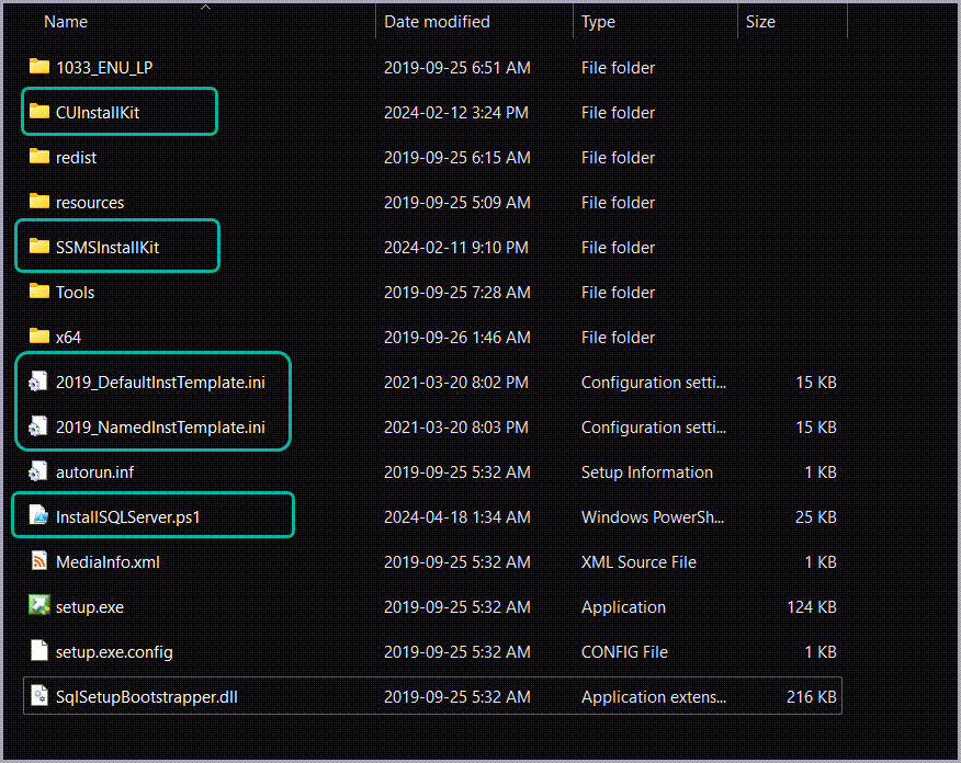 File Explorer showing the usual contents of the SQL Server installation kit directory, with w additional folders highlighted: CUInstallKit and SSMSInstallKIt As well as the 2019_DefaultInstTemplate.ini and 2019_NamedInstTemplate.ini config files and the InstallSQLServer.ps1 script. automate sql server installation powershell