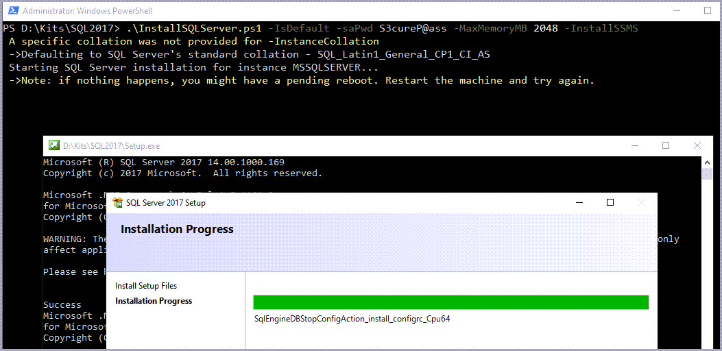 Windows PowerShell window in the background, SQL Server 2017 Setup installation progress in the foreground showing the progress bar.