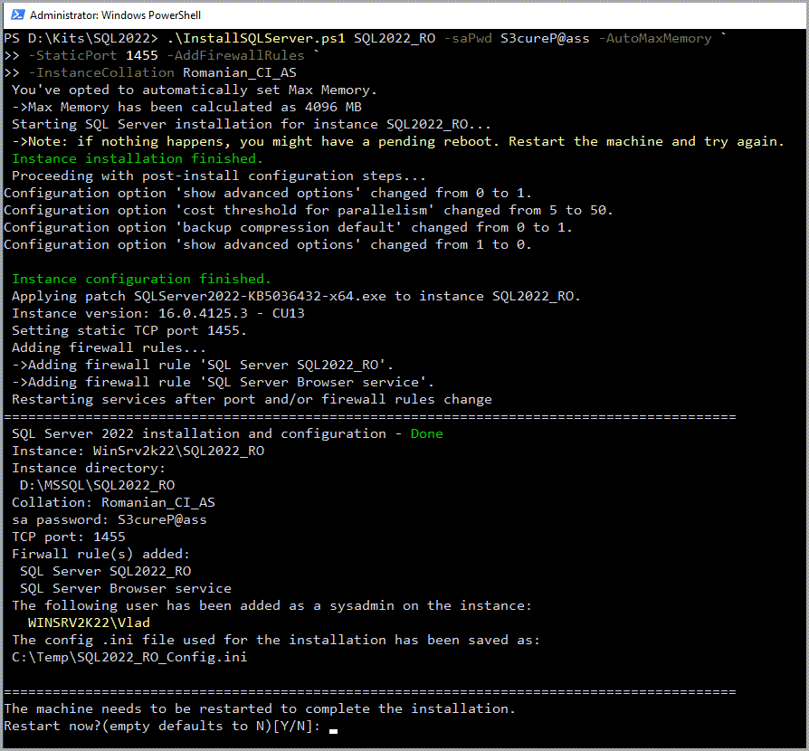 Windows powerShell window showing the progress of the above installation command automate sql server installation powershell