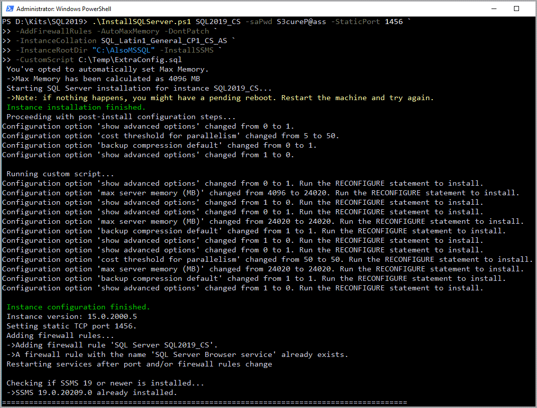 Windows powerShell window showing the progress of the above installation command automate sql server installation powershell