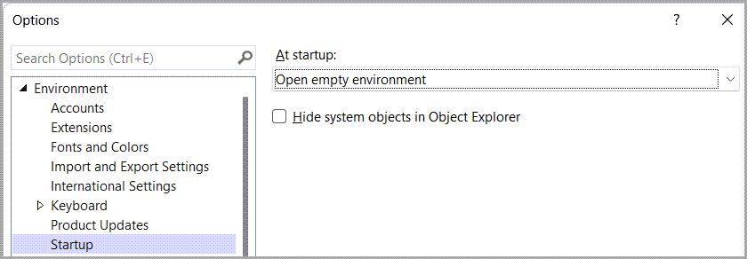 SSMS 21 Preview 1 Options>Environment>At startup: Open empty environment