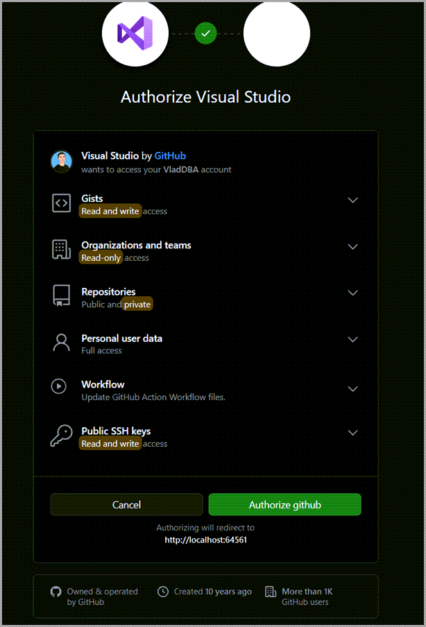 Authorize Visual Studio prompt from GitHub when connecting SQL Server Management Studio 21 Preview 1 to GitHub