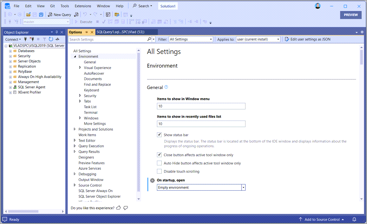 SQL Server Management Studio 21 Preview 1 with the new Options Experience menu opened.