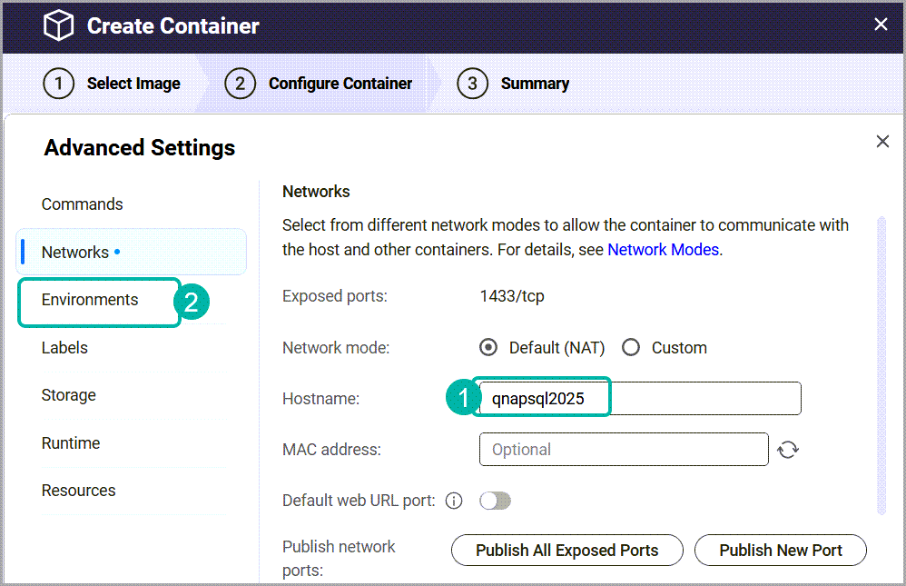 Qnap Container Station - Advanced Settings - Networks - showing qnapsql2025 set as the hostname for the SQL Server 2025 container