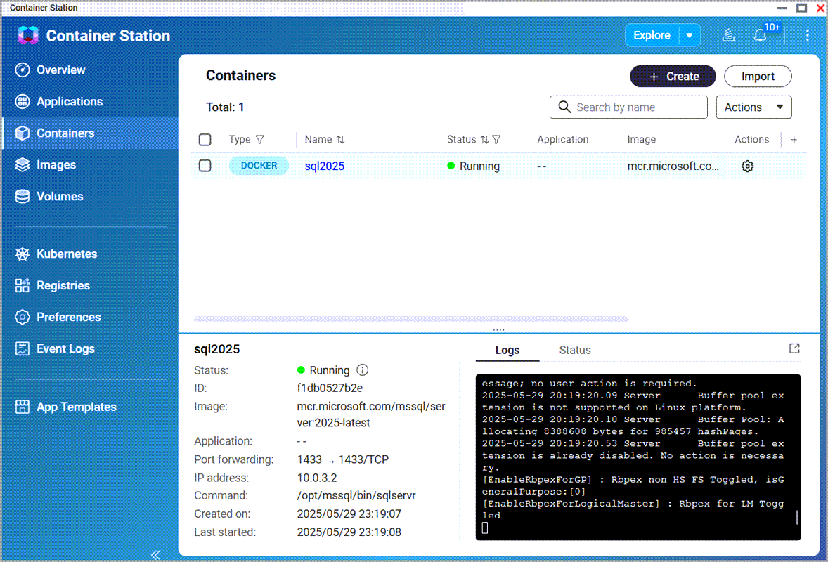 Qnap showing sql2025 as Running