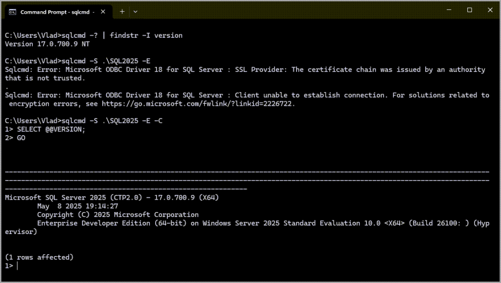 cmd window showing the certificate chain not trusted error breaking change sqlcmd sql server 2025