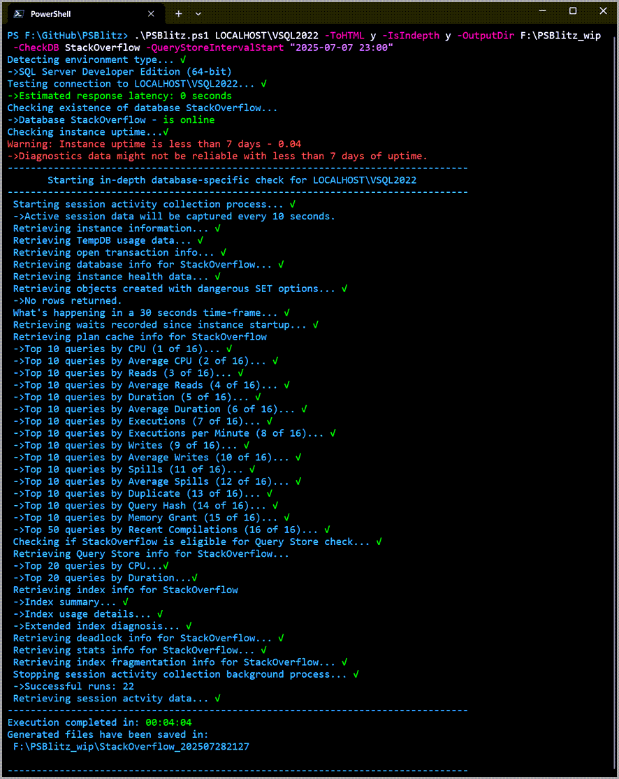 PowerShell window showing PSBlitz execution flow diagnose sql server psblitz
