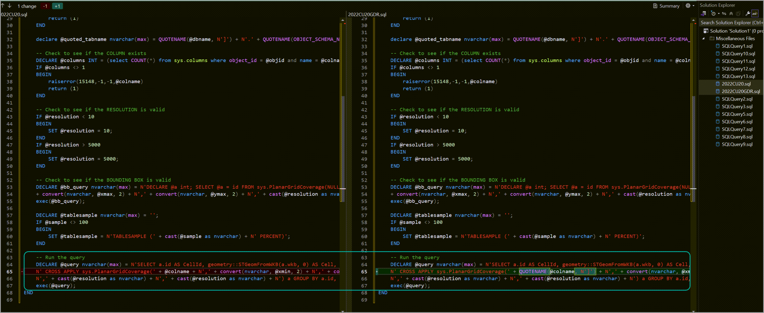 SSMS comparing the two DDL versions of the sp_help_spatial_geometry stored procedure