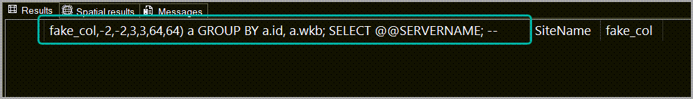 SSMS result set for above query showing the column name containing the SQL injection payload