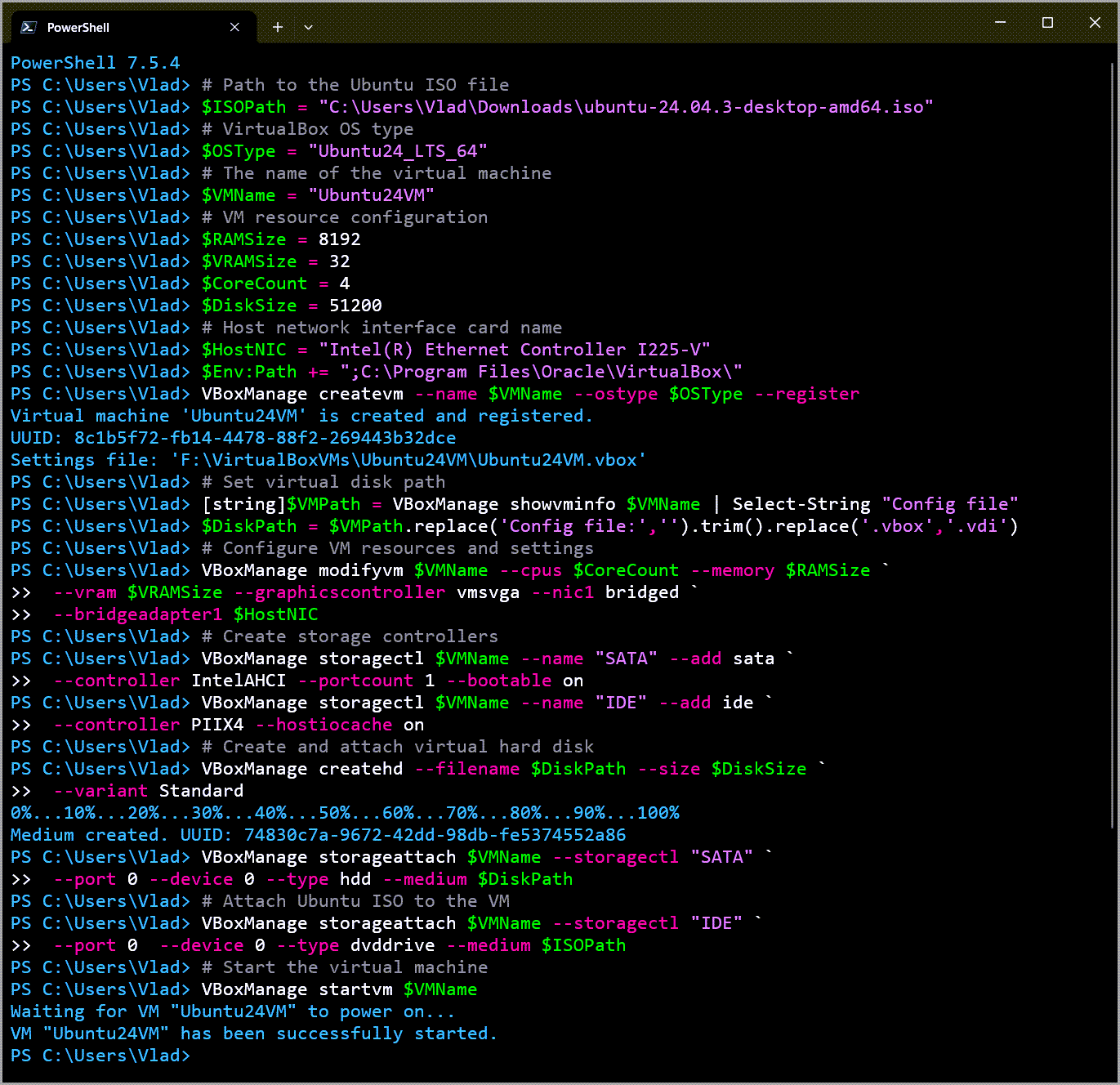 Terminal Window showing the process of creating an Ubuntu VM in VirtualBox with PowerShell