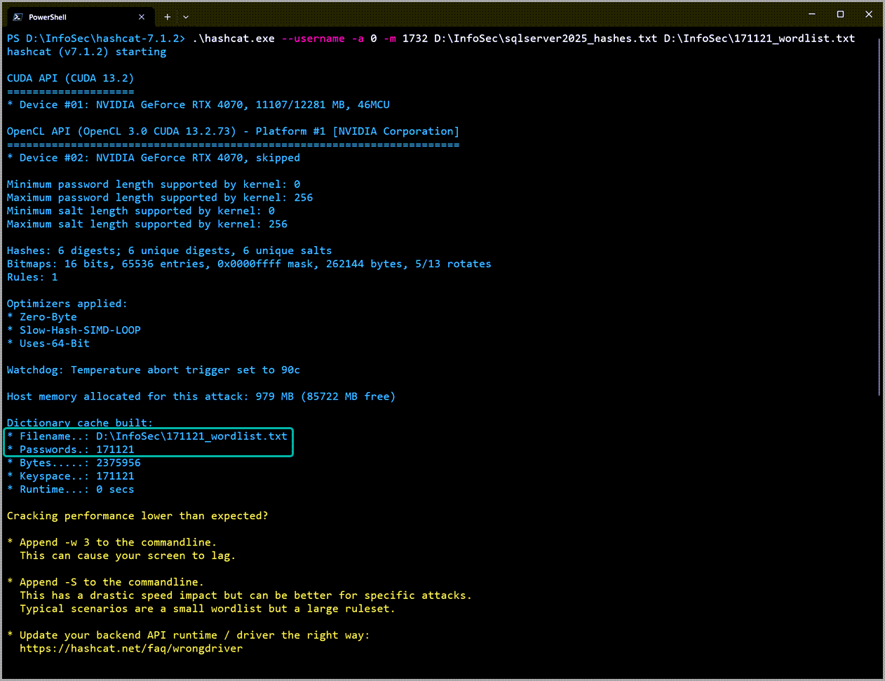 PowerShell window - hashcat cracking sql server 2025 passwords offline process start showing that it loaded 171121 passwords
