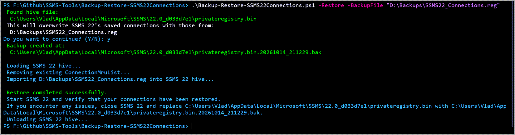 PowerShell window showing the script being used to restore previously backed up SSMS 22 saved connections